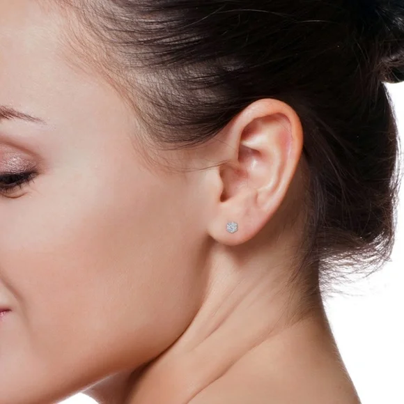 Nice Flower White Gold Iced Sterling Silver Cluster Screw Back Stud Earrings - Picture 2 of 5